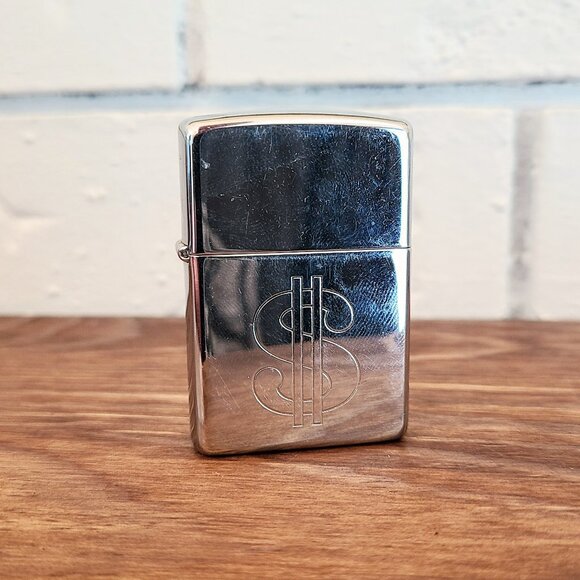 1996 Zippo Lighter, High Gloss Mirror Finish, Chrome With $ Dollar Sign Made USA - Picture 1 of 10